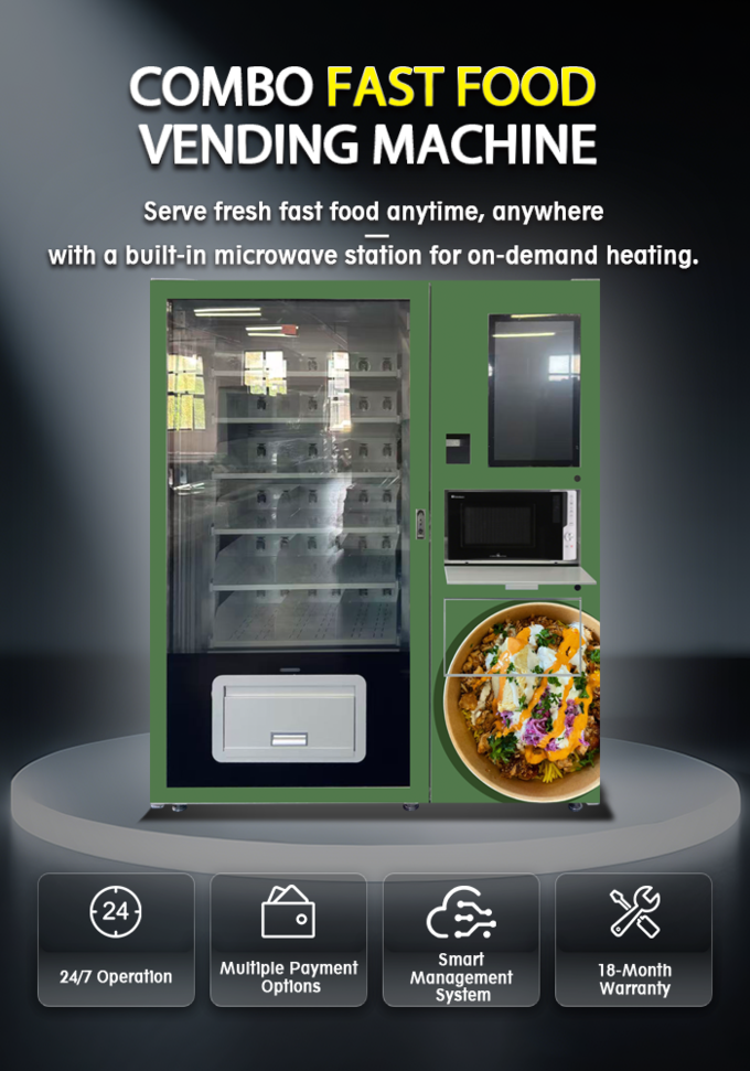 Convenient Fast Food Vending Machine With Built-In Microwave Oven for heating 24/7 access to fresh meals