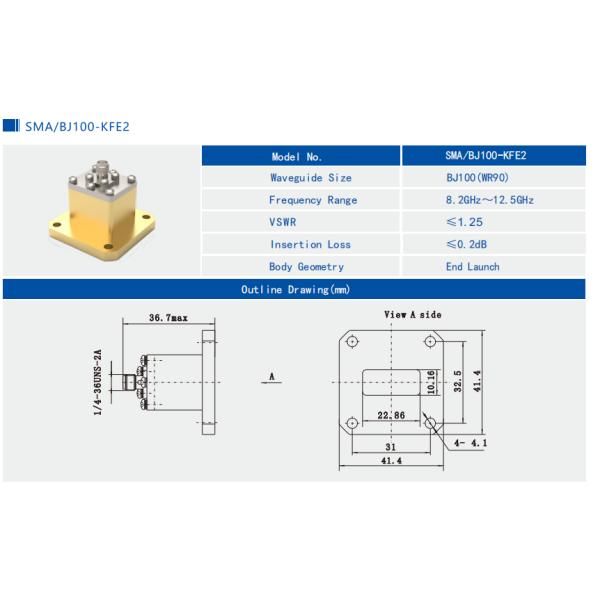 8.2GHz~12.5GHz WR90 To SMA Female End Launch Waveguide To Coax Adapter SMA/BJ100-KFE2
