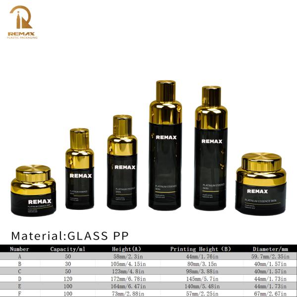 50g 100g 30ml 50ml 100ml 120ml Refillable Lotion Serum Container Gold-plated Threaded Lid Black Glass Bottle Jar Set