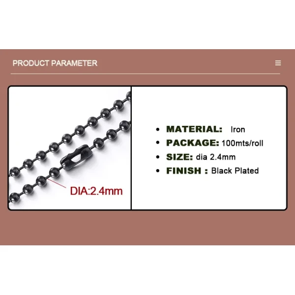 Function Roller Chain Stainless Steel Pre-Cut 2.4mm Ball Chain for Dogtag Customized Size Rustproof
