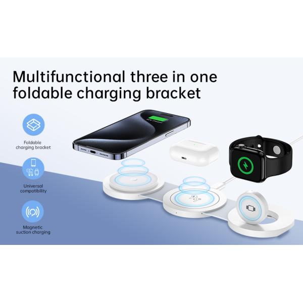 Foldable 3 In 1 Wireless Portable Mobile Charger Space Saving Magnetic Suction Charging