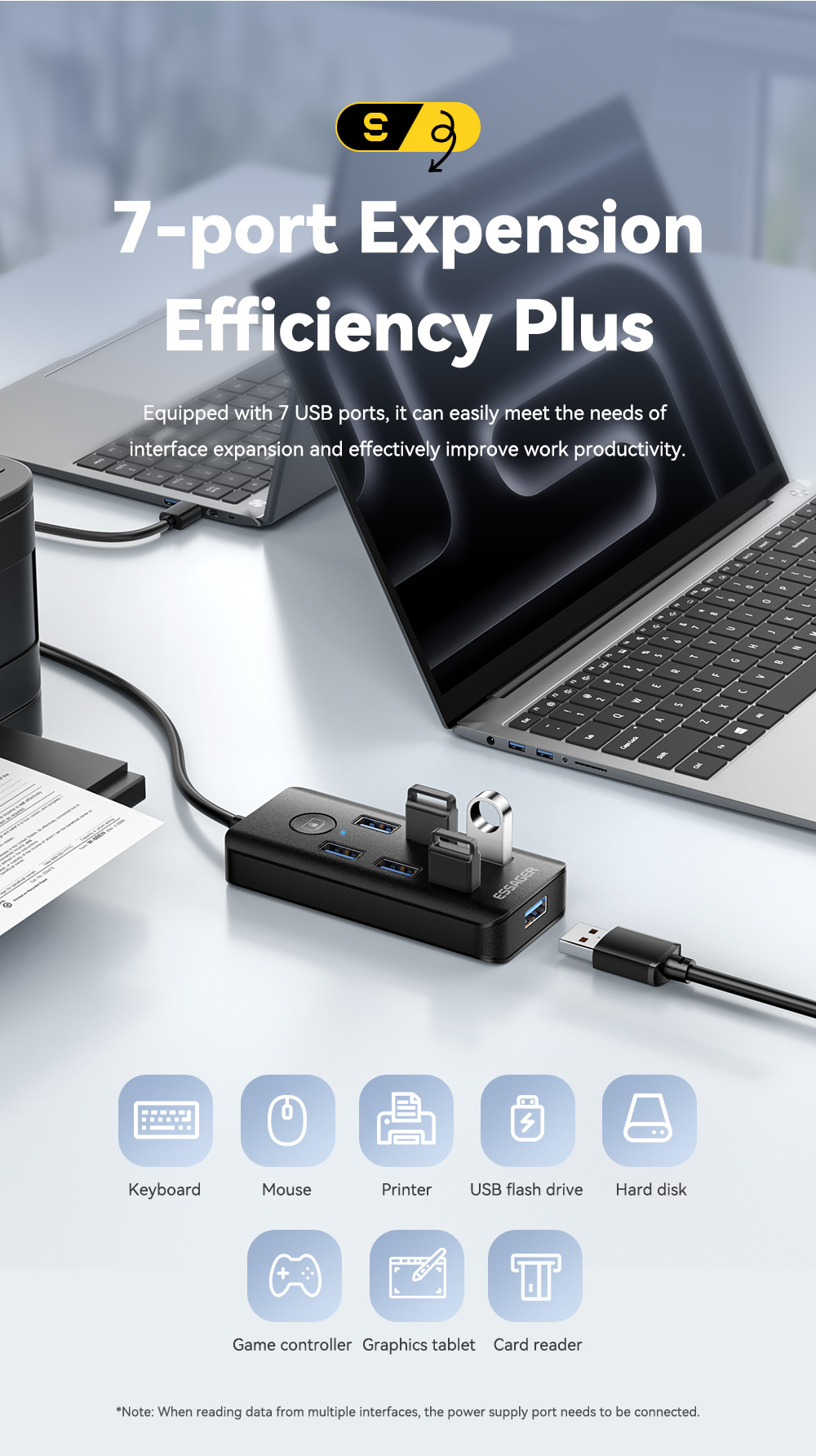 Essager ES-HB04 7-Port USB 3.0 Hub for Laptop PC 5Gbps Data Transfer