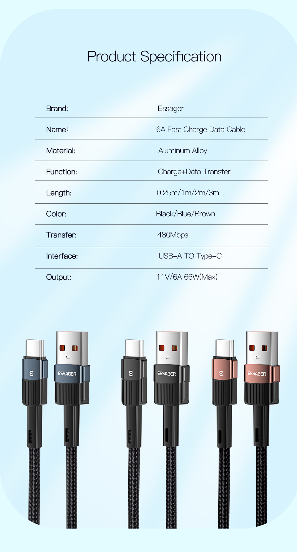Aluminum Alloy PD66W USB A To Type C Cable 6A Fast Charge Type C Cable