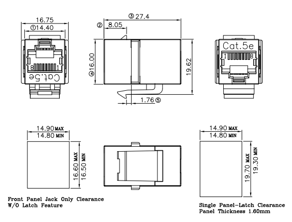 UL94V 0 Shielded Cat5e RJ45 Cable Coupler Modular Keystone Connector