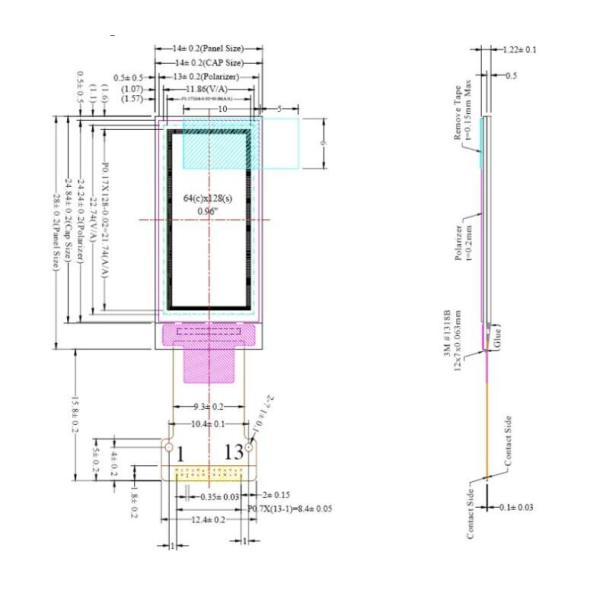 Resolution 64x128 0.96'' OLED Display Module Transparent Support 12C/4 - Wire Spi