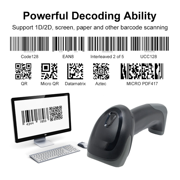 Luckydoor Handheld Wired 1D 2D QR POS Barcode Scanner 300mm/S With USB Cable
