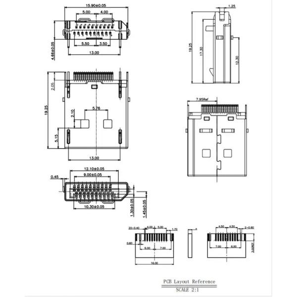 Gold Plated Displayport DP Male Connector for 1.6MM PCB DP 20Pin Male Connector