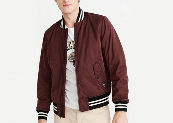 Quality Burgundy Padded Mens Polyester Bomber Jacket Stirp Ribs Triacitate Coat Twin Needle Stitch for sale