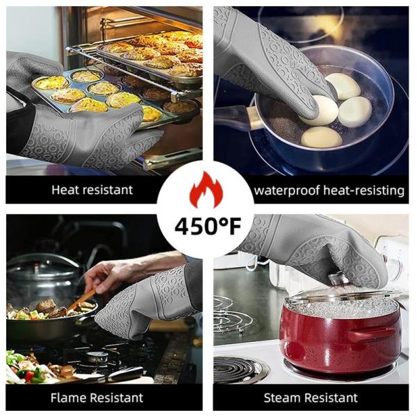 Silicone Oven Mitts And Pot Holders Set Heat Resistant To 450℉ Extra Long 15 Inch Professional Silicone Baking Gloves