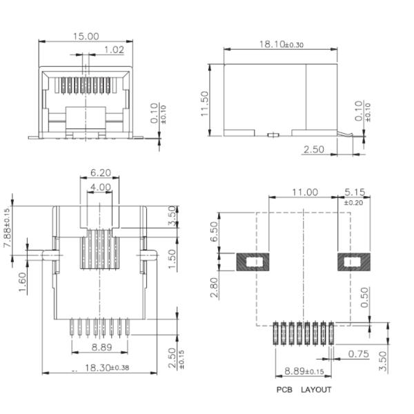 Tab Down SMT RJ45 Connector 8P8C Unshielded 1 X 1 Port UL Certification