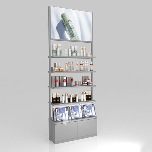 Beauty Shop Interior Design Grey Wooden Counter, Fashionable And Simple With Light Box For Branding Store Fixtures And Luxury Store Decoration