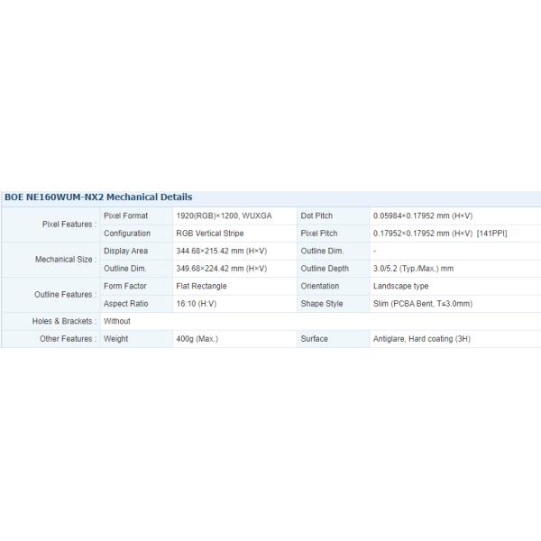 NE160WUM-NX2 BOE 16.0" 1920(RGB)×1200, 250 cd/m² INDUSTRIAL LCD DISPLAY