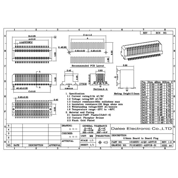 PCB Board To Board Connector 0.5mm Pitch Side Plug10-80 Pins ROHS Approval
