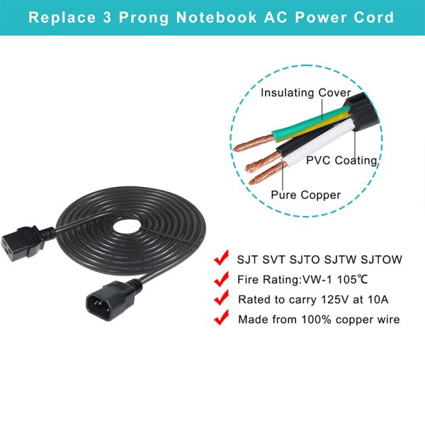 IEC C19 to C14 Power Cord 16AWG 250V 1.8m for Industrial Equipment