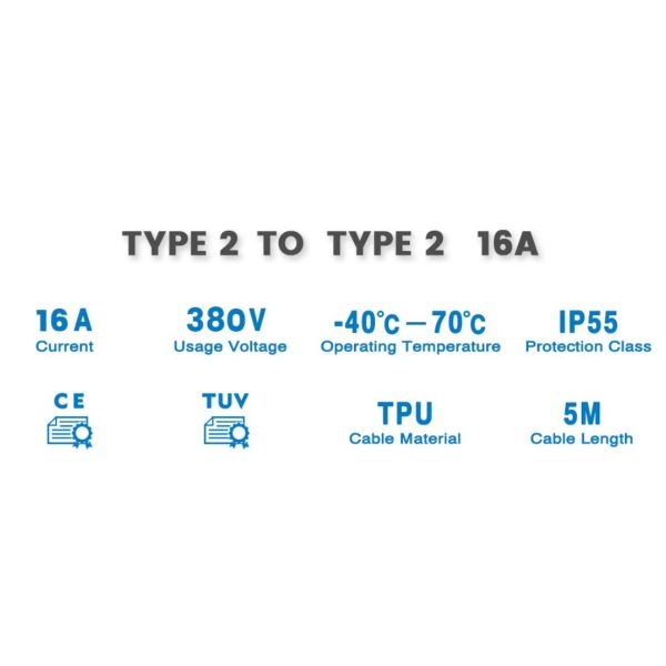 Spiral 7kW Type 2 To Type 2 Charging Cable 32A 250V 1 Phase