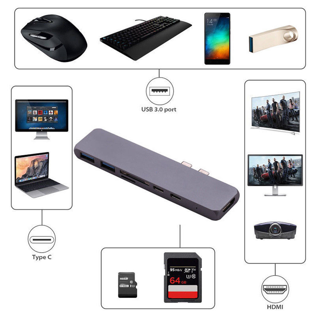 USB C HUB Adapter USB C Thunderbolt 3 Hub Adapter MacBook Pro 13 15 Inch 2016 2017 2018 7 in 1 Multi Port Micro SD Card