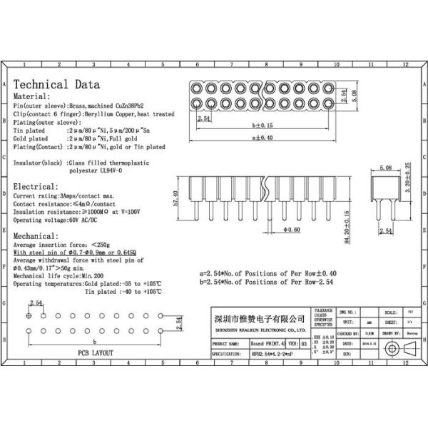 Machined Round Female Pin Header Connector DIP PPS 2.54mm 180° UL94V 0