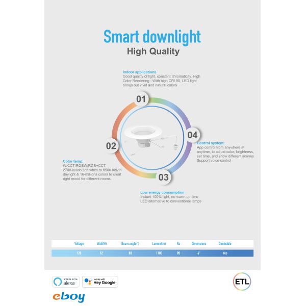 Low Energy Consumption Size 6 Inch Ra90 Smart LED Downlights