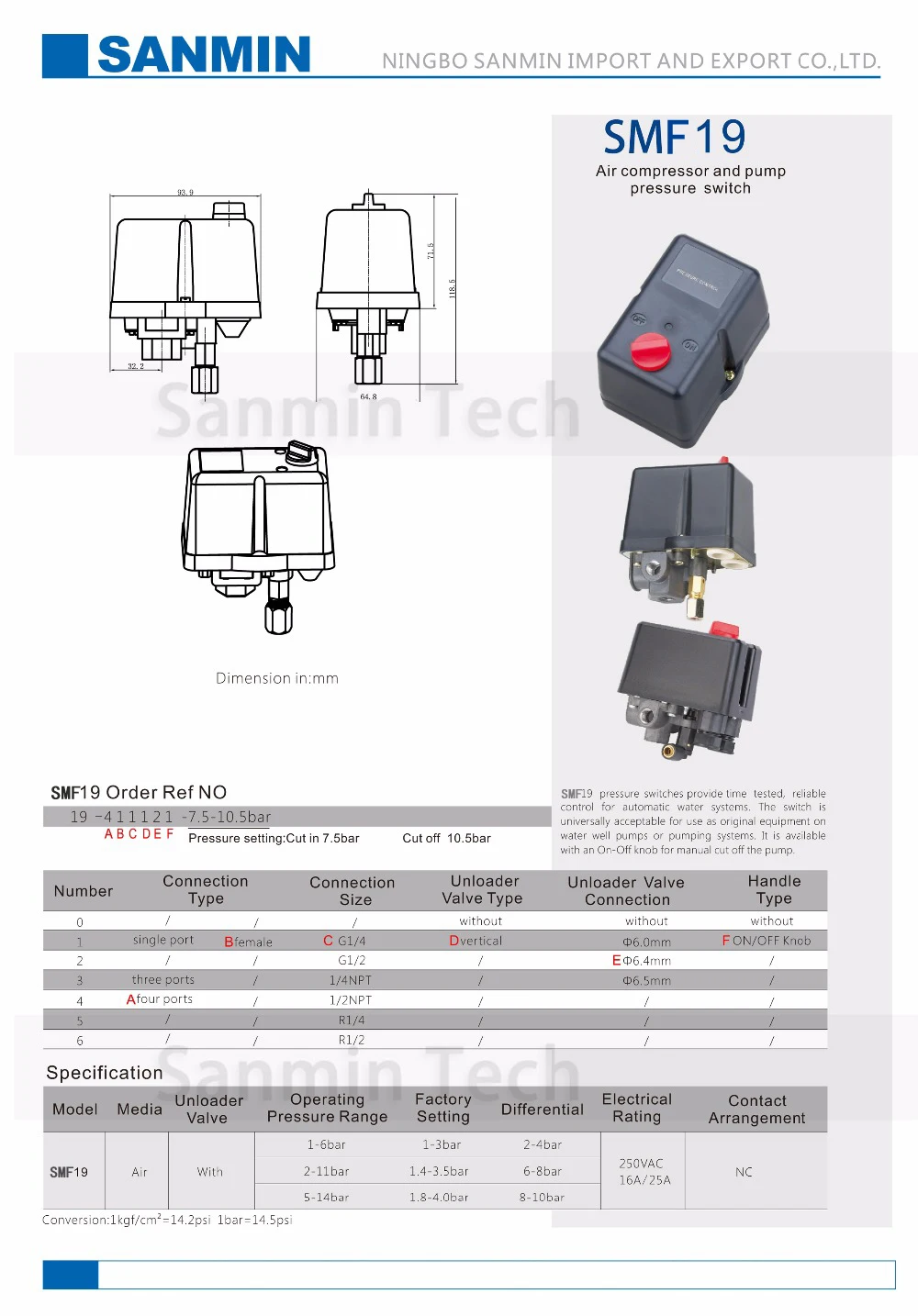 SMF 19 Pressure Switch 1/4 G NPT T Reliable Control Switch For Air Compressor Pump NBSANMINSE