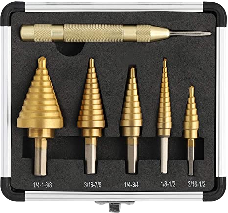 Step Drill Bit Set & Automatic Center Punch- Unibit, Titanium Coated, Double Cutting Blades, High Speed Steel, Short Len