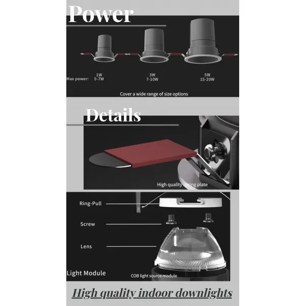 Alu. PC Anti Glare IP40 Round Recessed Light Spotlight Ceiling Mounted Down Light With Epistar COB 5W CE RoHS