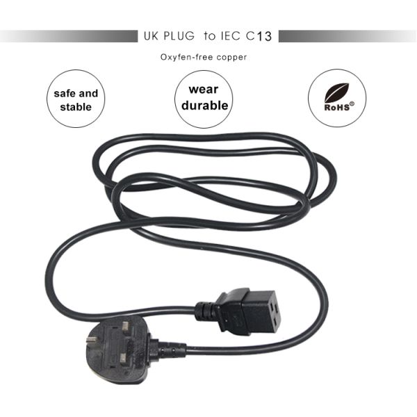 16A BS1363 to C19 Power Cord 1.8m for Computers and UPS