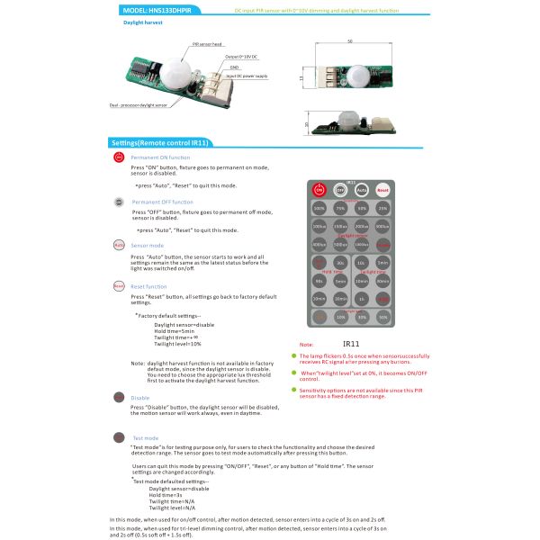Daylight Harvest 25mA 12V DC PIR Dimmable Motion Sensor