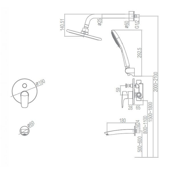 Rainfall Shower Built-in Set Modern Round Head Shower Bathroom 3 Function Hand Shower