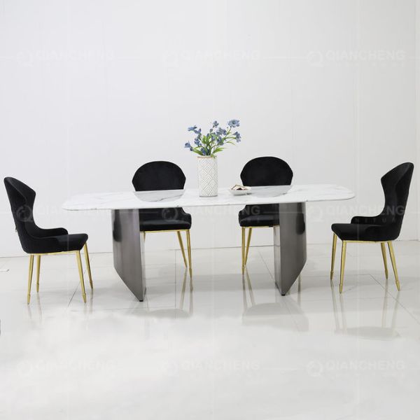 Arc White Luxury Marble Dining Table With Brushed Black Legs