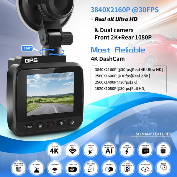 70mi Dash Cam Dual Lens 4K UHD Recording Car Camera DVR Night Vision WDR Built-In GPS Wi-Fi G-Sensor Motion Detection