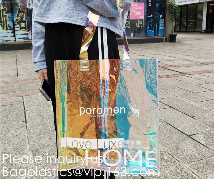 Waterproof All Over Printing PVC Coating Tote Shoulder Fabric Shopping Bag With Gusset And Lining,Jelly Clear Plastic PV