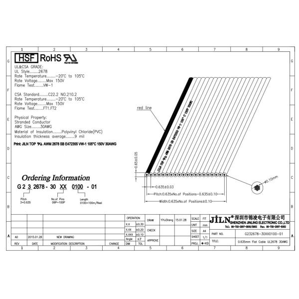 0.635mm Spaced Flat Ribbon Cable 30AWG PBT For 1.27mm Connectors