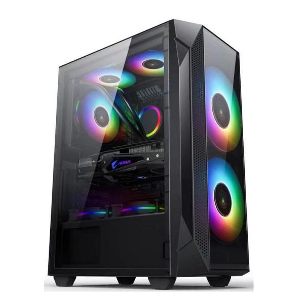 ETEK ATX/Matx Computer Case Tempered Glass panel on Side and Front Support Fans 2x14cm or 3x12cm on Front Support Rad