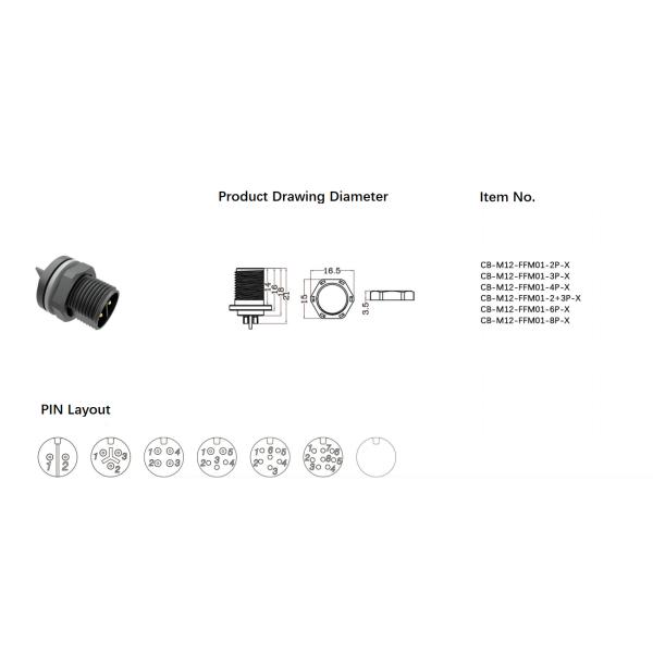 Industrial Waterproof Circular Connector IP67 M12 Threaded Through Hole Connector