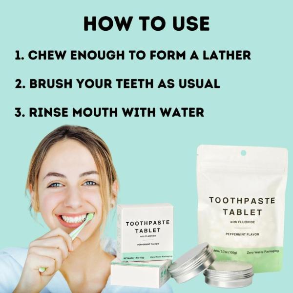 Adults 60 Tablets Chewable Toothpaste Tabs With Fluoride Peppermint Flavor OEM Logo