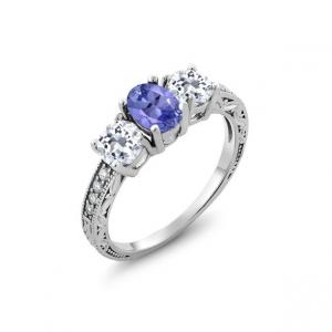 China Gem Stone King 925 Sterling Silver Blue Tanzanite and White Topaz Women's 3-Stone Ring on sale