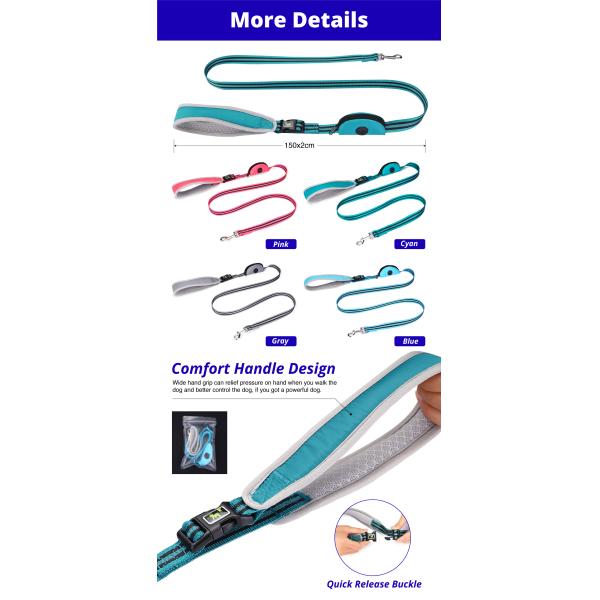 Reflective Padded Nylon Dog Leash With Handle Poop Bag Holder