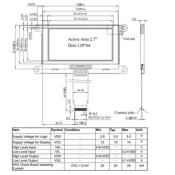 2.7 Inch PMOLED Display Module With PCBA, 128*64 Resolution, 24 PINS Parallel /I2C 4-Wire SPI Interface