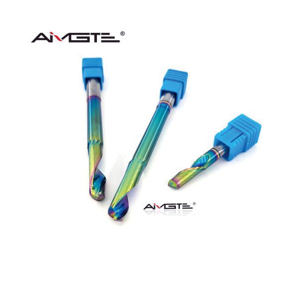 Close-up of DLC coated carbide end mill cutter showing cutting edge