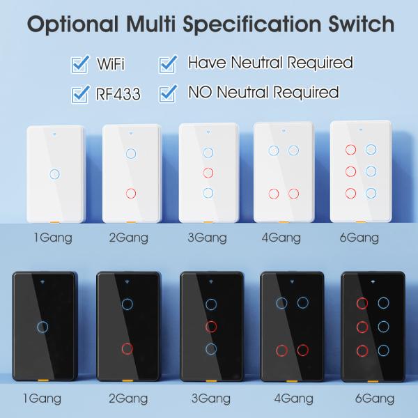 Tuya WiFi Switch Timing 6 Gang Voice App Alexa Google Home No Neutral Wire WiFi RF433 US Light Switch Smart Home