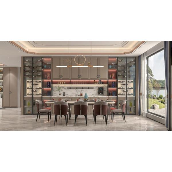 Wood Grain Stainless Steel Wine Cabinet With Red Back Panel And Built-In Lights