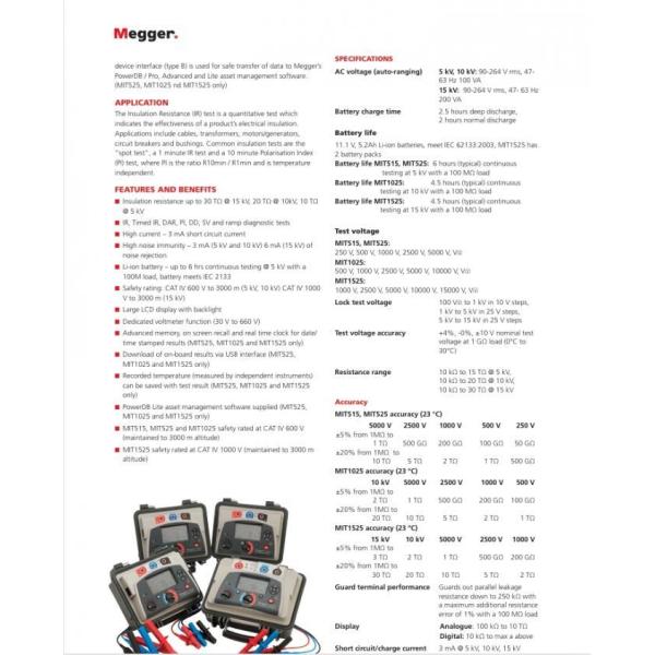 Megger MIT1025-UK Insulation Tester With Output, 20 Teraohms Resistance , 10kV Multi-Range Test Voltage