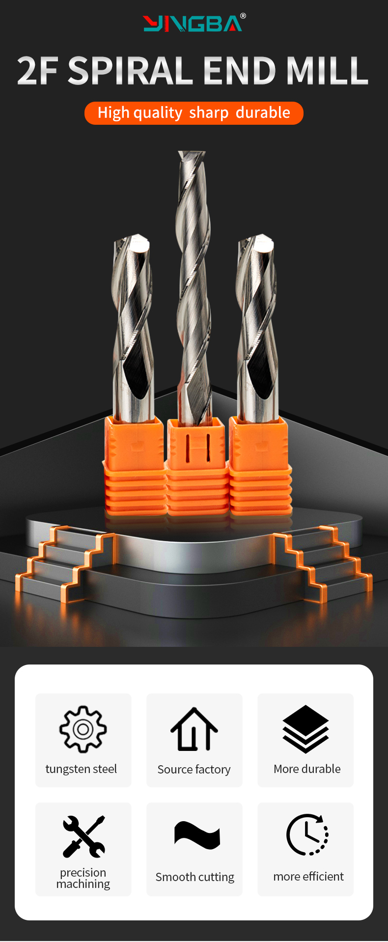 YingBa Two Flute Spiral End Mill Solid Carbide Wood Working Cnc Router Machine for Wood Milling Cutter Manufacturing Production