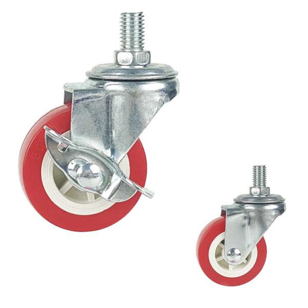 30kg Capacity Red WheelsSwivel Threaded Stem Light Duty PVC Casters Side Brake
