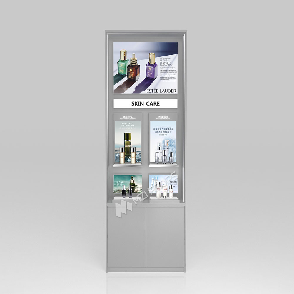 Cosmetic Display Rack Grey Wooden Display Cabinet With Light Box For Smart Store Rack And Premium Store Shelf