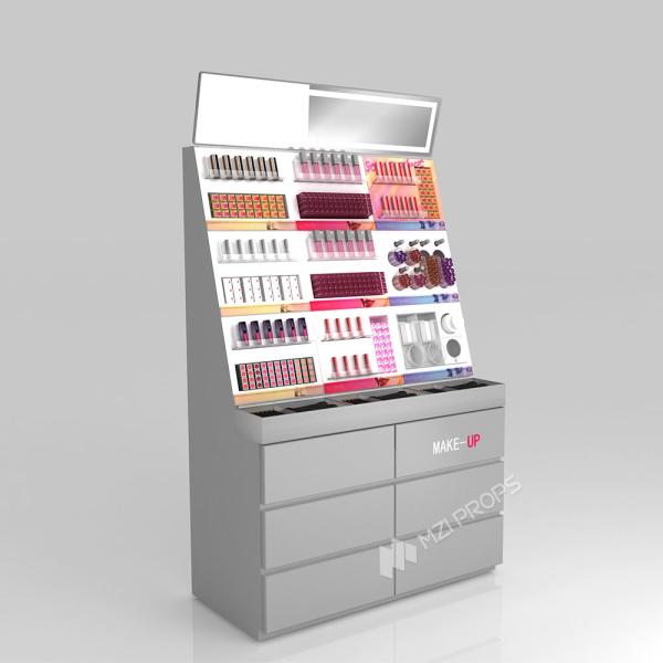 GDR04-CZ-B02 Makeup Display Rack with Grey Melamine Board and LED Strip Lights for Cosmetic Retail Stores