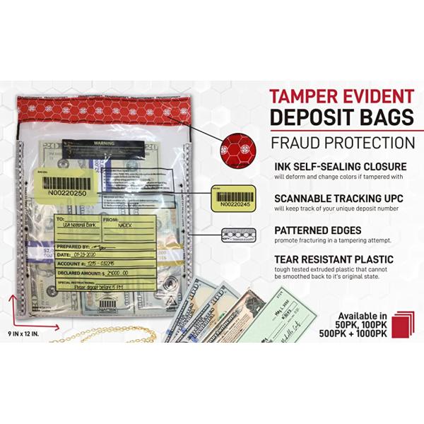 Nadex Tamper Evident Cash and Coin Bank Deposit Bags for Fraud Prevention, 9 x 12, CLEAR