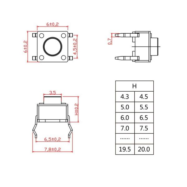 4 Pins 6x6 Copper Pin DIP Tact Switch High Temperature Resistance