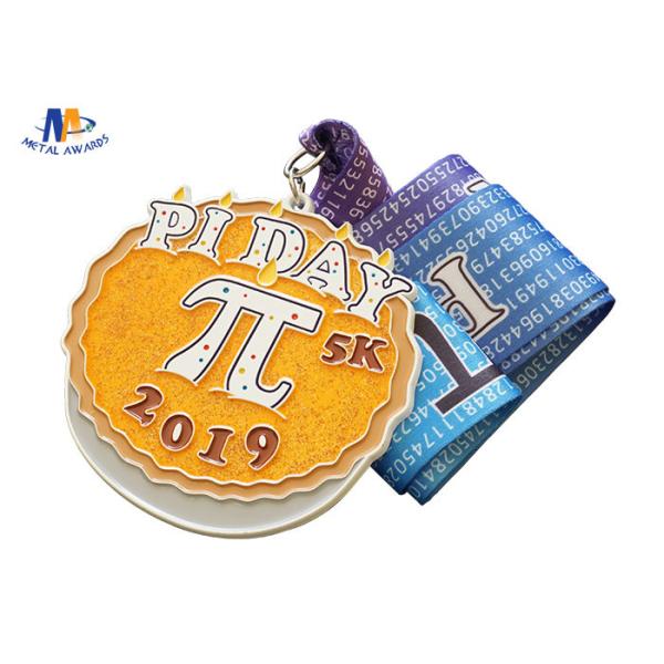 Round Custom Die Cast Medals With Heat Trasfer Ribbon And Glitter Filled 5k Marathon Medal