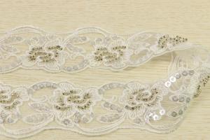 ODM white bridal lace trim Flower embroidered Botanical paillettes translucent